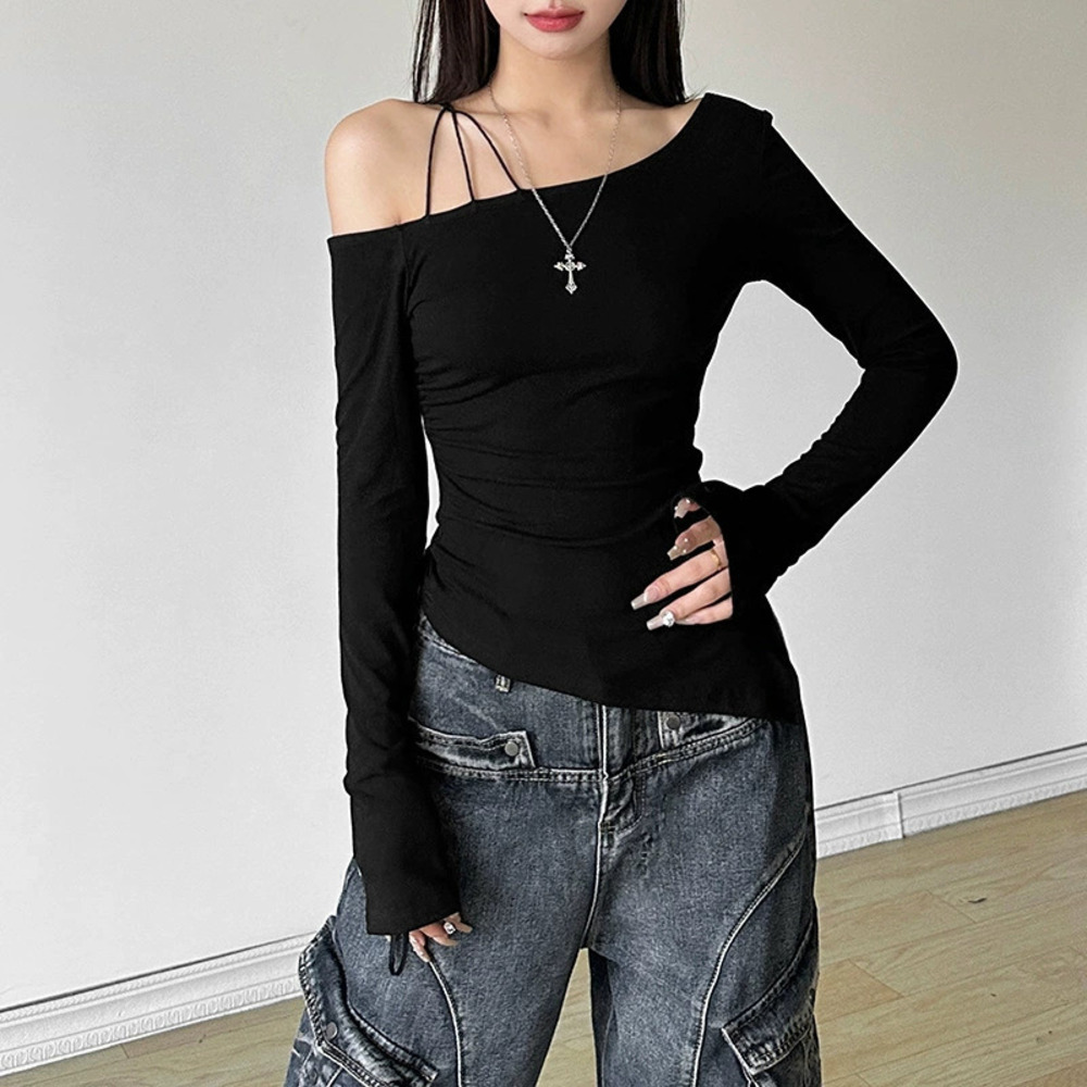 ZARA Womens Fall Solid Slim Fit Street Style Long Sleeve Asymmetric Strap Top
